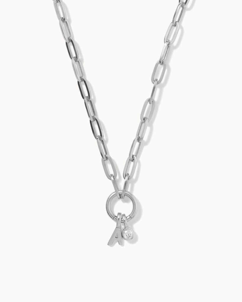 Recycled 925 sterling silver chain necklace with initial charm and charm with lab-grown diamond handmade in London by Maya Magal London