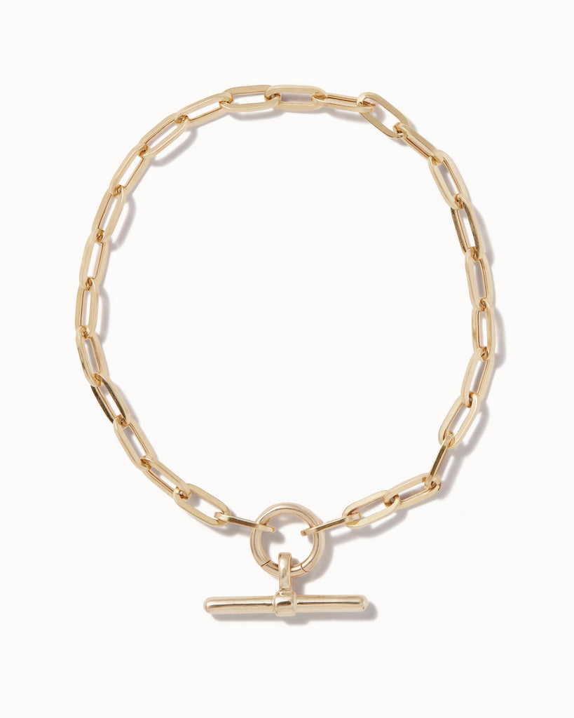 Recycled 9ct solid gold chain bracelet with t-bar charm handmade in London by Maya Magal London