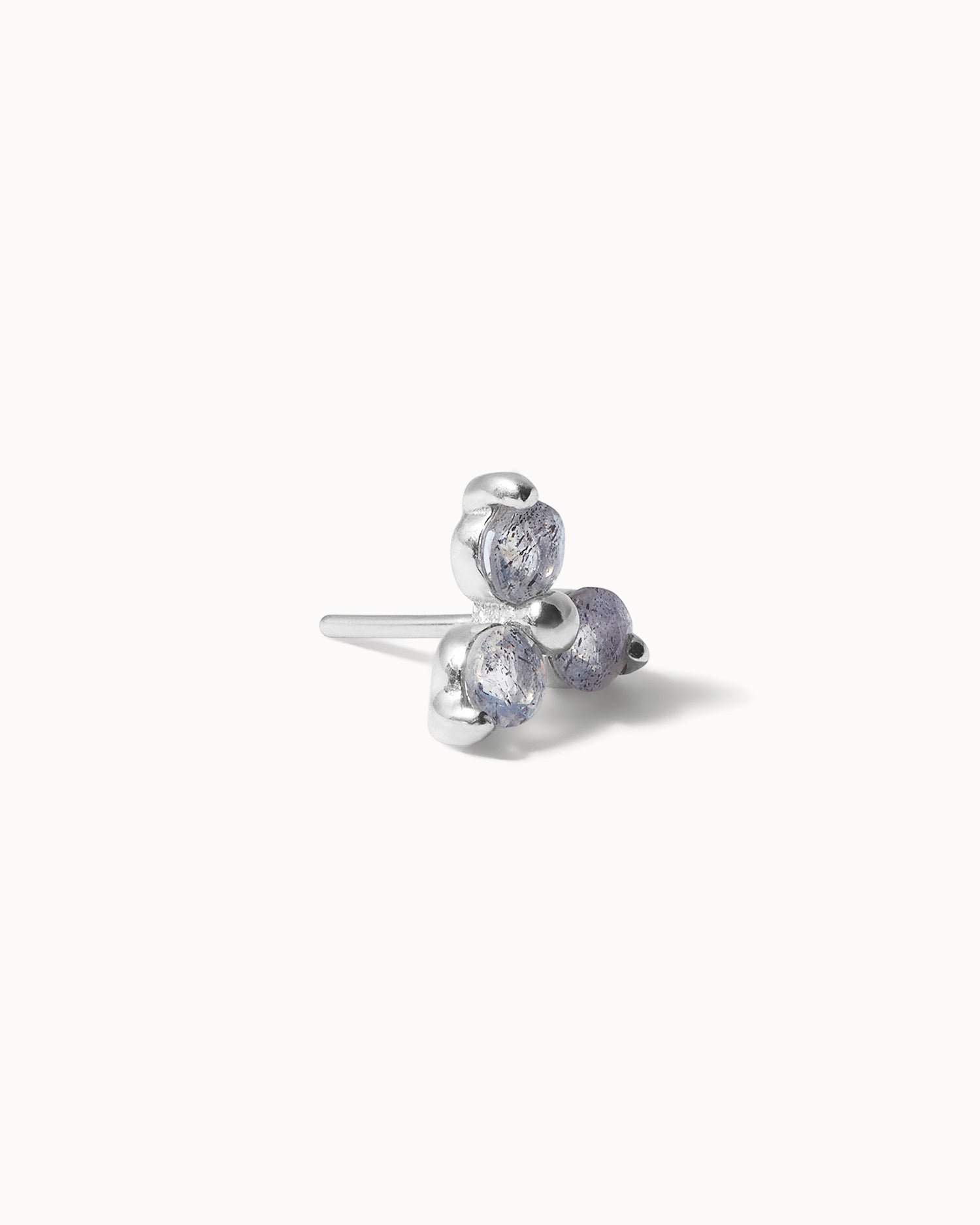 Front/side view of labradorite earring stud threadless jewellery white gold on white background.