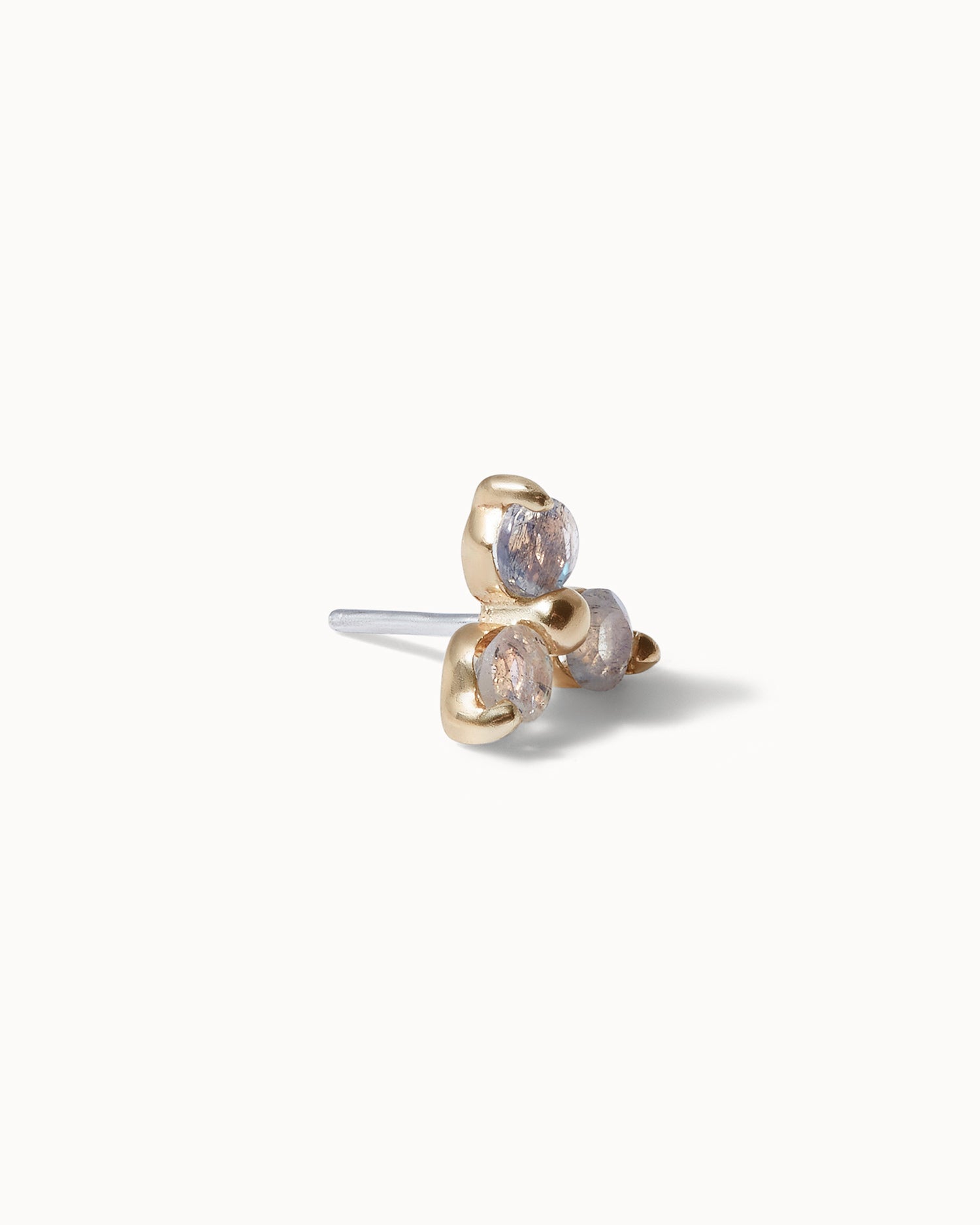 Front/side view of Labradorite and gold earring stud. 