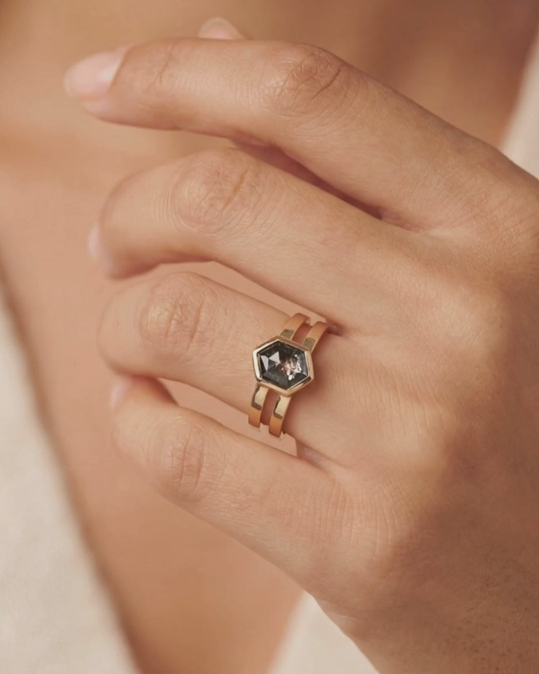 9 Ct solid gold Odette 1.28ct Grey Diamond Ring on model 