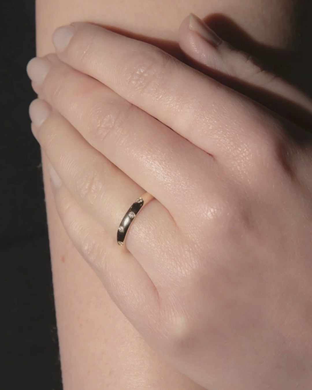gold 9ct Scattered Diamond Eternity Ring on model 