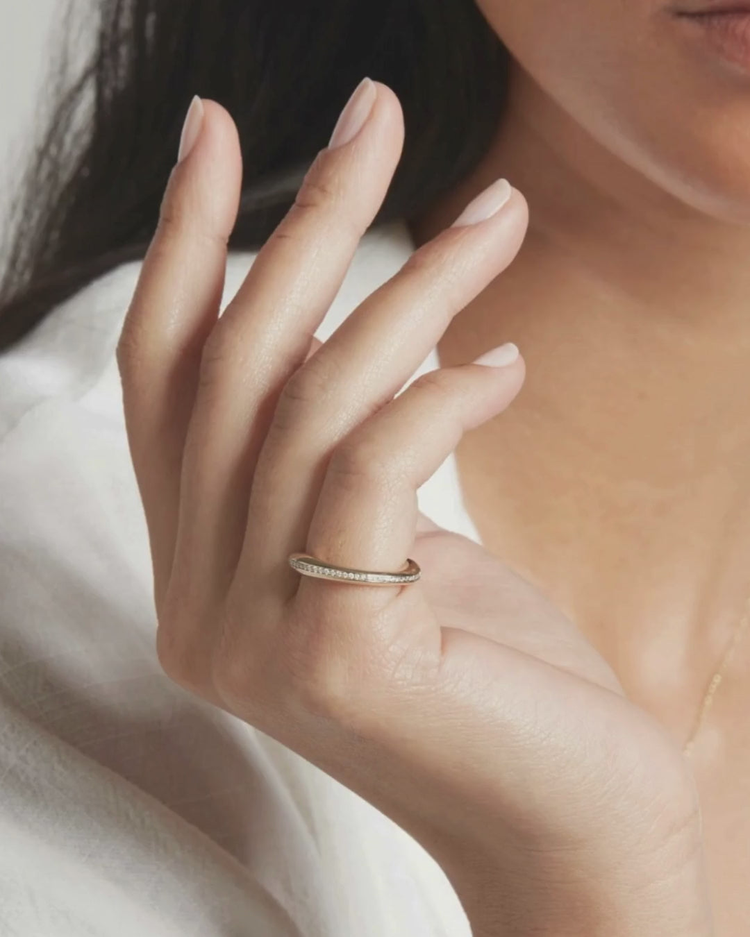 Video of model wearing 9ct gold pave set solid gold diamond ring.