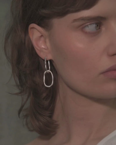 Video of model wearing 
Sterling silver molten link hoop earrings with organic oval shapes.