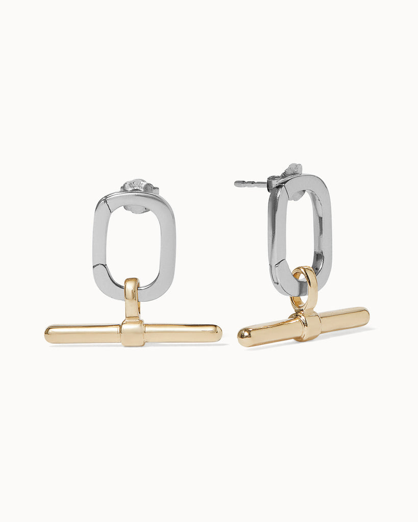 Recycled 925 sterling silver oval hoop earrings with 9ct solid gold t-bar charms handmade in London by Maya Magal London