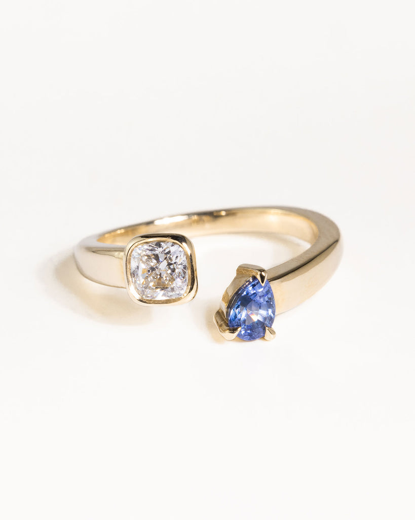 toi et moi ring with 0.36ct lab grown diamond and pear cut sapphire handcrafted in London by Maya Magal London
