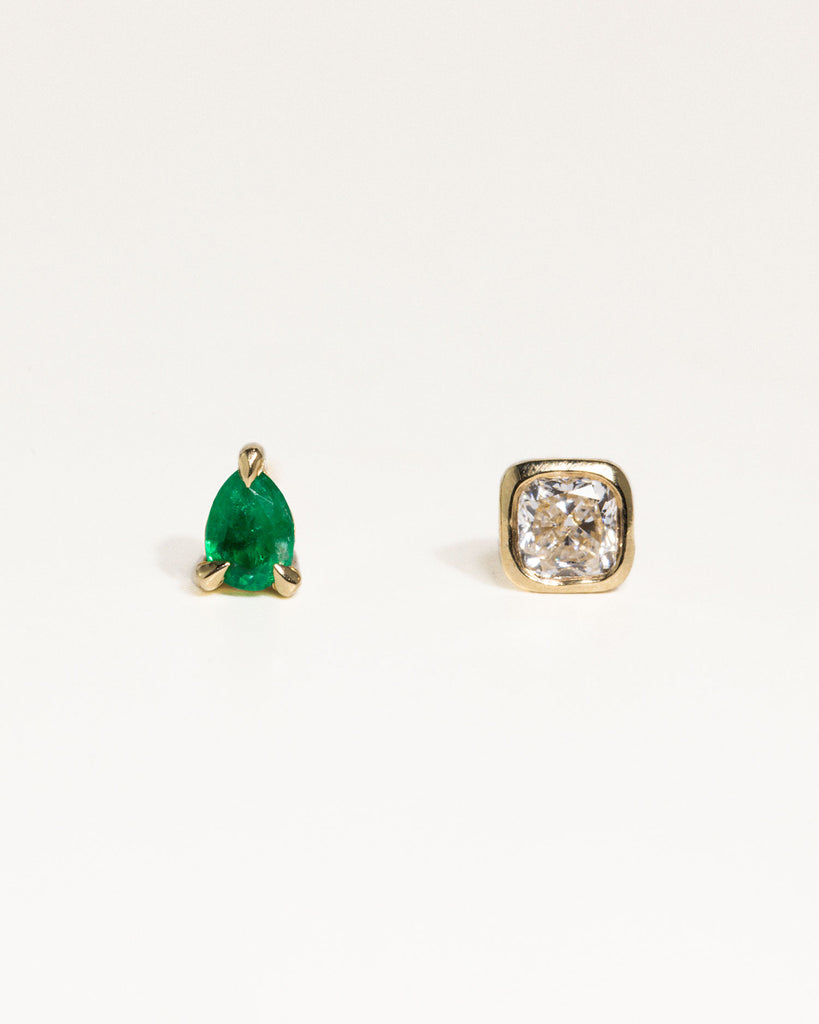 cushion cut 0.2ct lab grown white diamond stud earring encased in recycled solid gold bezel handcrafted in London by Maya Magal London
