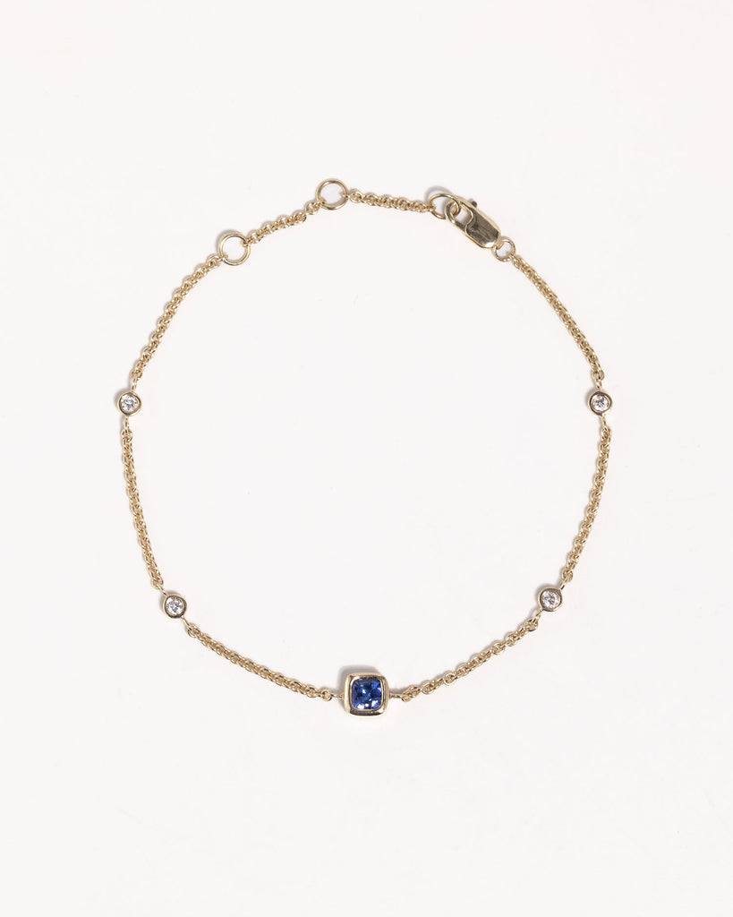 recycled 9ct solid gold bracelet with lab grown diamonds and cushion cut sapphire handcrafted in London by Maya Magal London