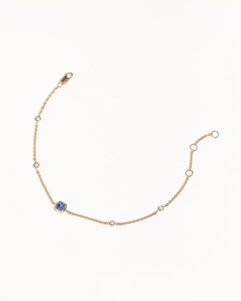 recycled 9ct solid gold bracelet with lab grown diamonds and cushion cut sapphire handcrafted in London by Maya Magal London