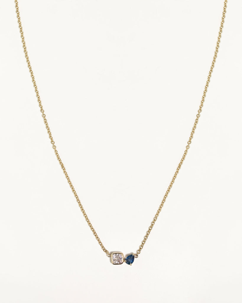 toi et moi necklace with 0.36ct lab grown diamond and pear cut sapphire handcrafted in London by Maya Magal London