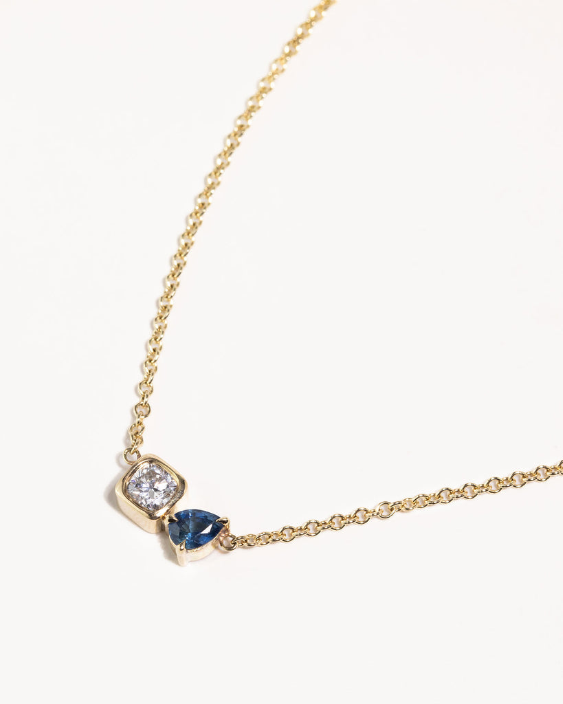 toi et moi necklace with 0.36ct lab grown diamond and pear cut sapphire handcrafted in London by Maya Magal London