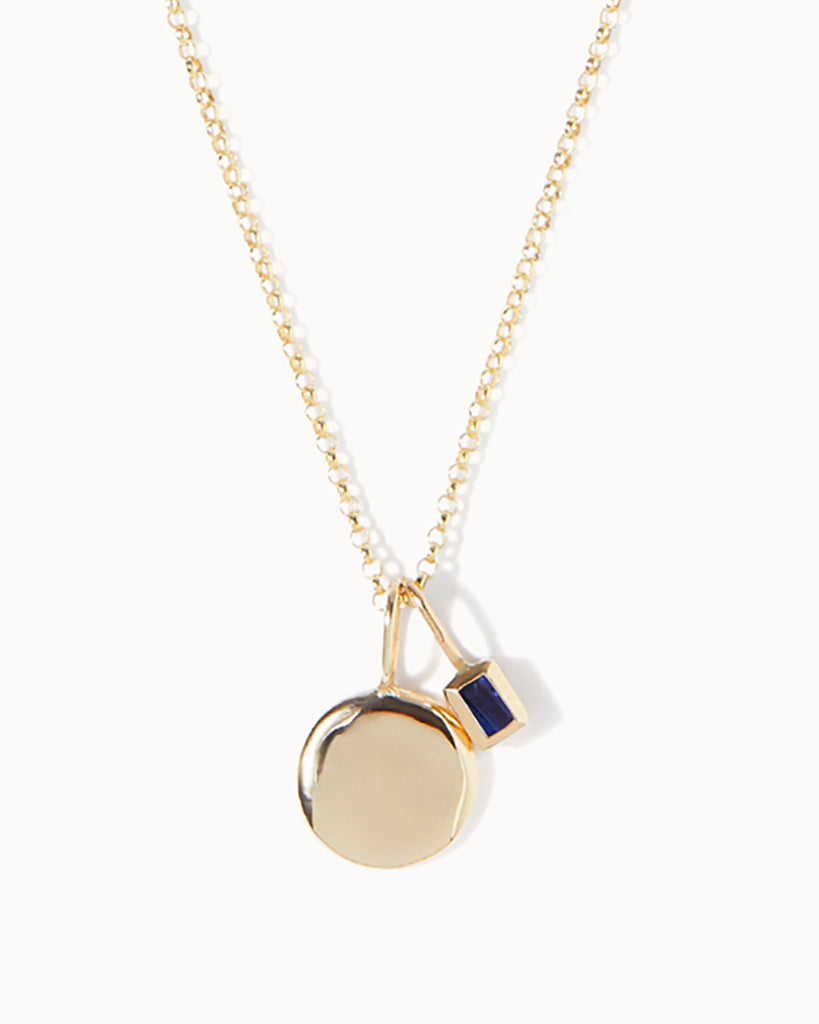 9ct Solid Gold Sapphire and Circle Charm Necklace handmade in London by Maya Magal elegant jewellery brand