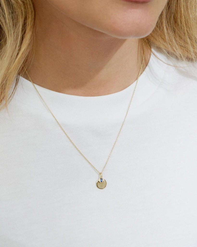 9ct Solid Gold Sapphire and Circle Charm Necklace handmade in London by Maya Magal modern jewellery brand