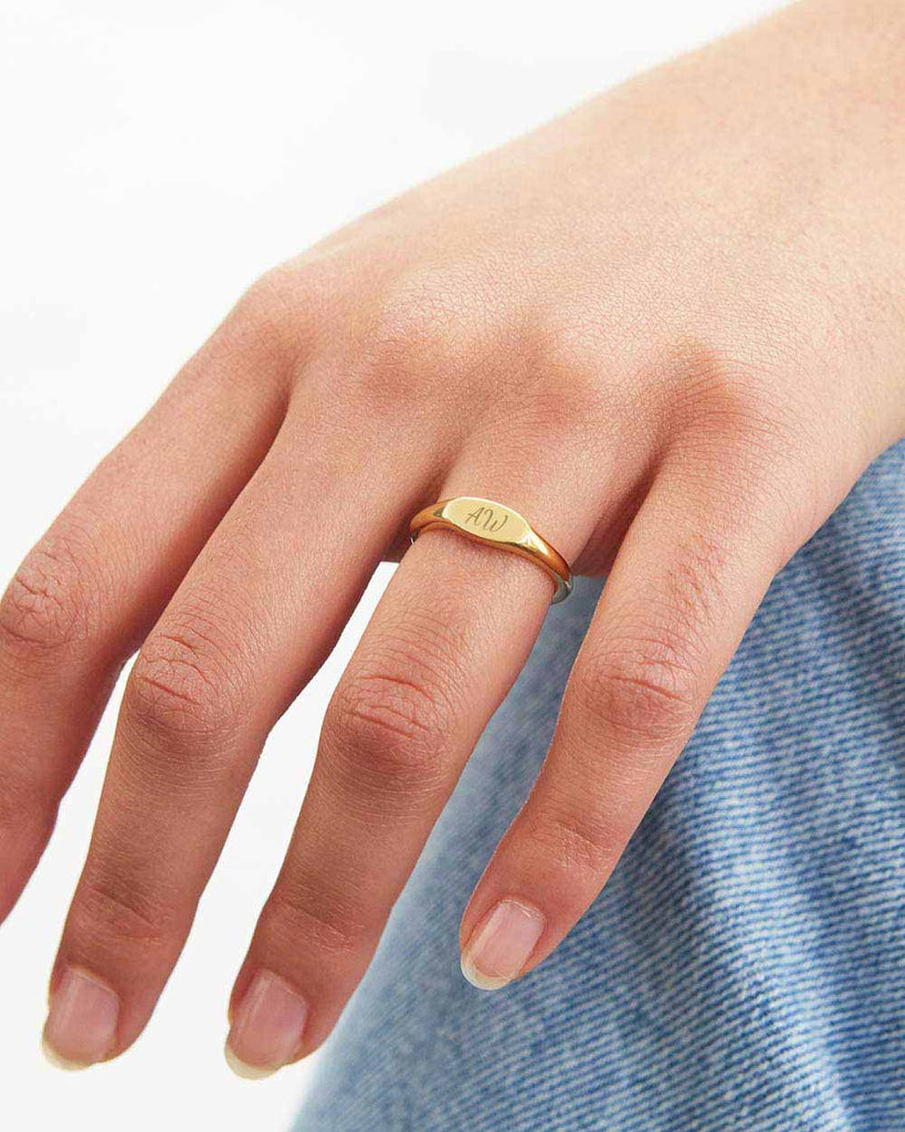 18ct Gold Plated Engravable Signet Ring handmade in London by Maya Magal sustainable jewellery brand