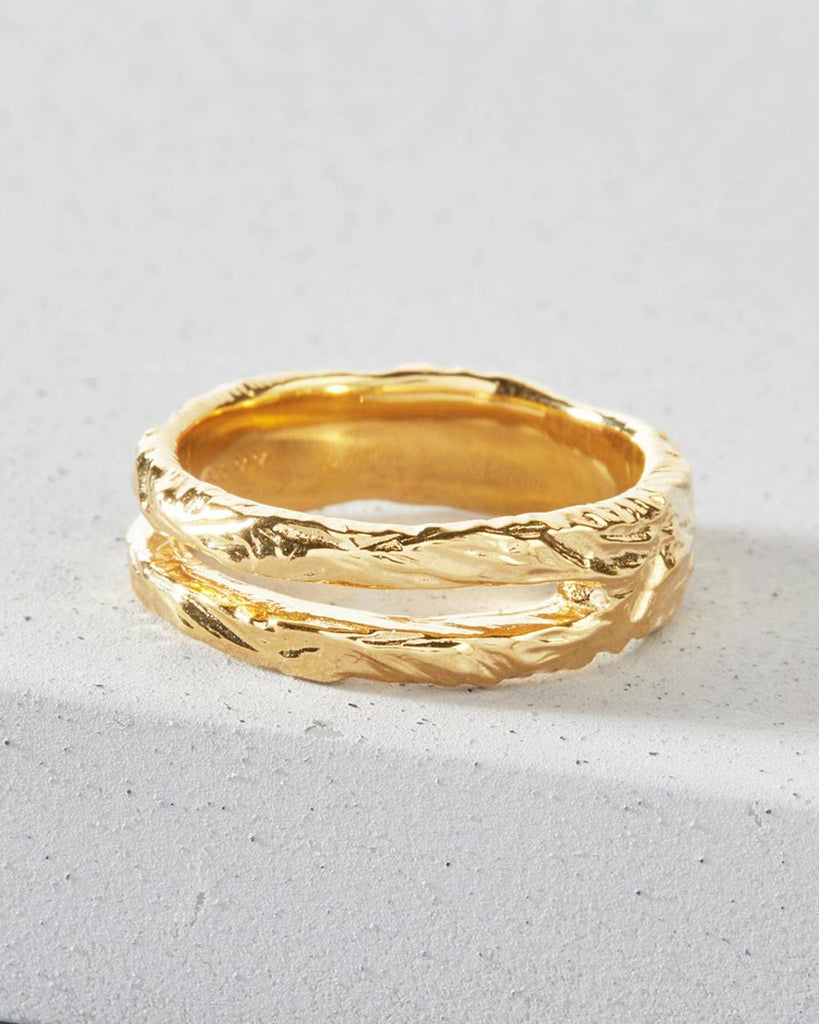 18ct Gold Plated Etched Stripe Cut Out Ring handmade in London by Maya Magal sustainable jewellery brand