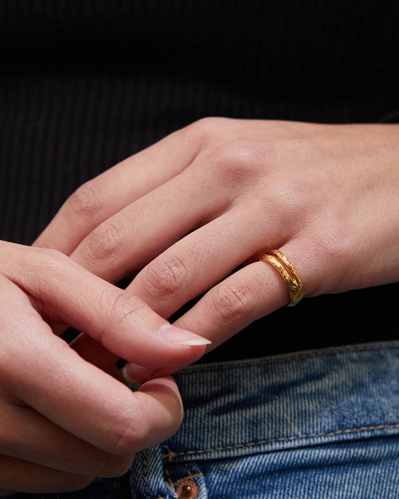 18ct Gold Plated Etched Stripe Cut Out Ring handmade in London by Maya Magal contemporary jewellery brand