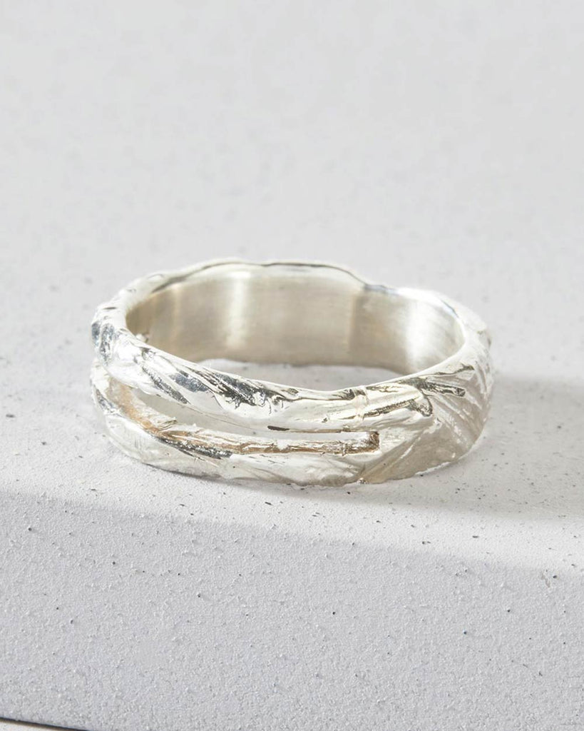 925 Recycled Sterling Silver Etched Stripe Cut Out Ring handmade in London by Maya Magal sustainable jewellery brand