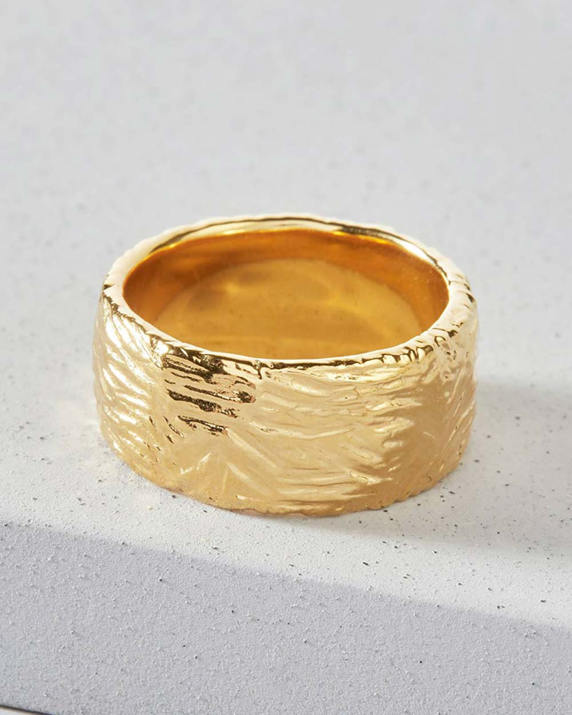 18ct Gold Plated Etched Wide Band Ring handmade in London by Maya Magal sustainable jewellery brand