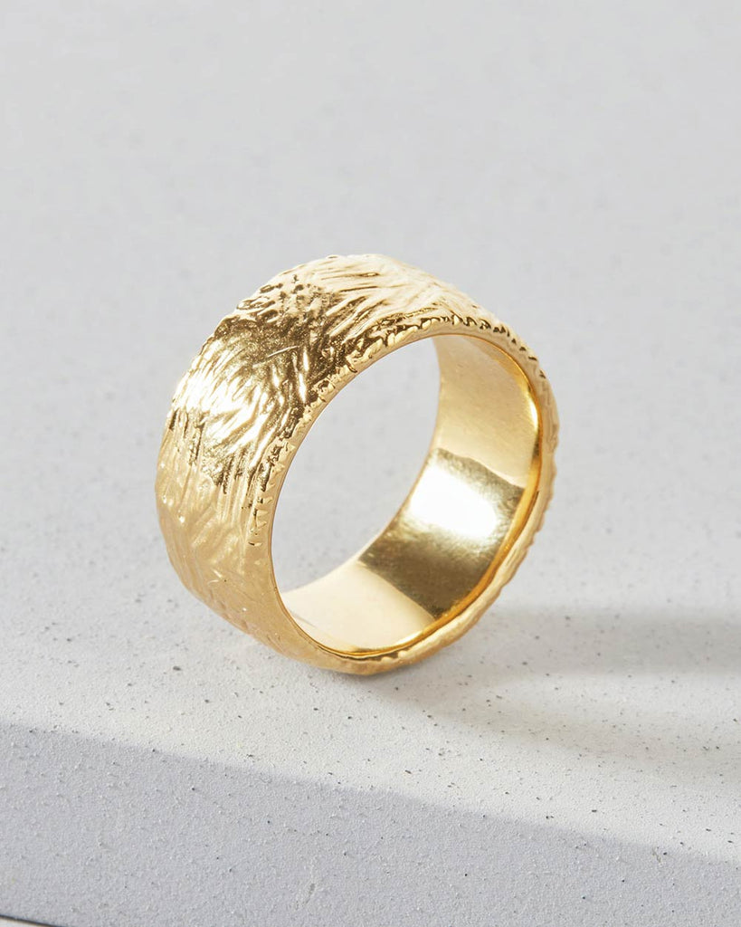18ct Gold Plated Etched Wide Band Ring handmade in London by Maya Magal contemporary jewellery brand