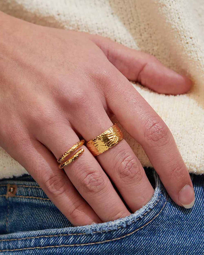 18ct Gold Plated Etched Wide Band Ring handmade in London by Maya Magal luxury jewellery brand