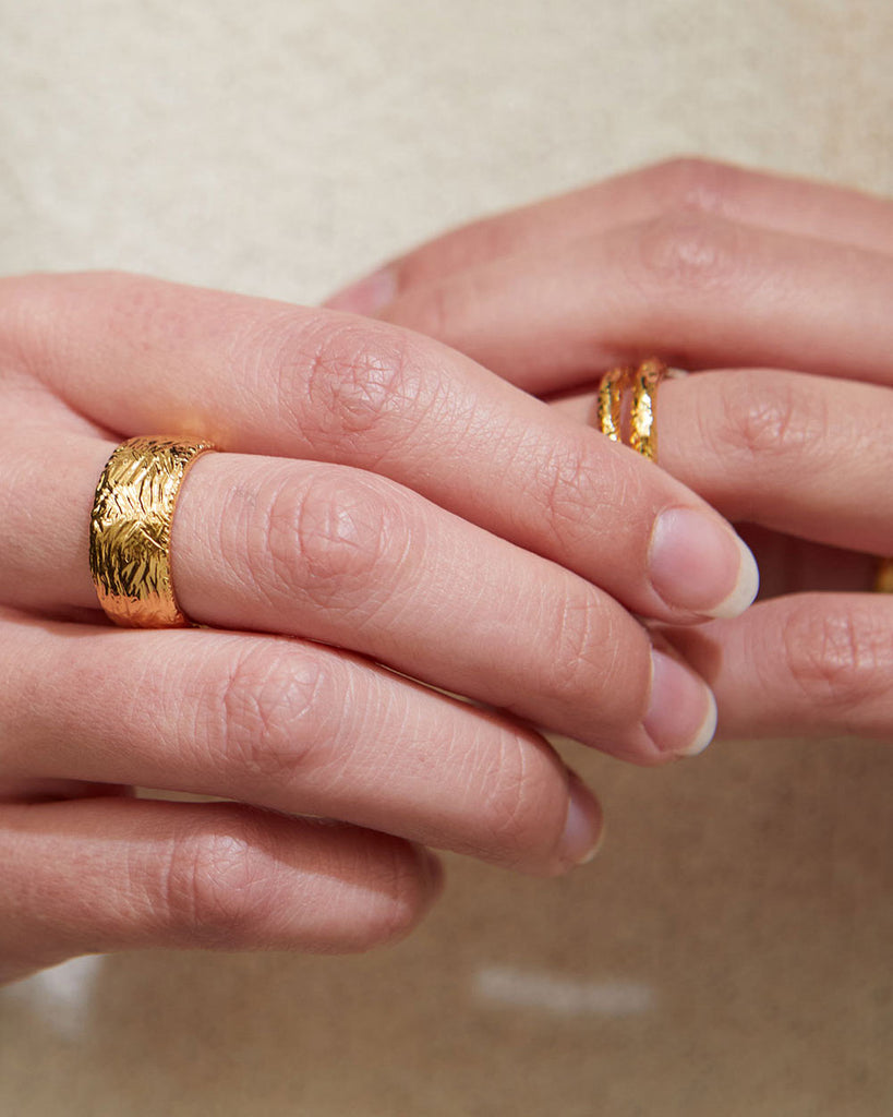 18ct Gold Plated Etched Wide Band Ring handmade in London by Maya Magal unisex jewellery brand