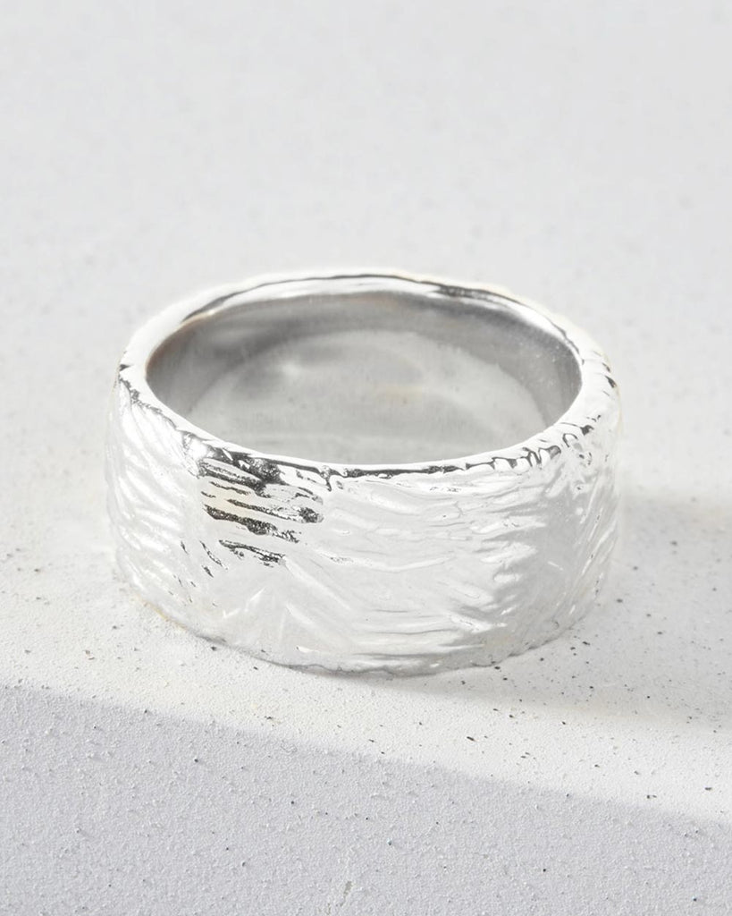 925 Recycled Sterling Silver Etched Wide Band Ring handmade in London by Maya Magal sustainable jewellery brand