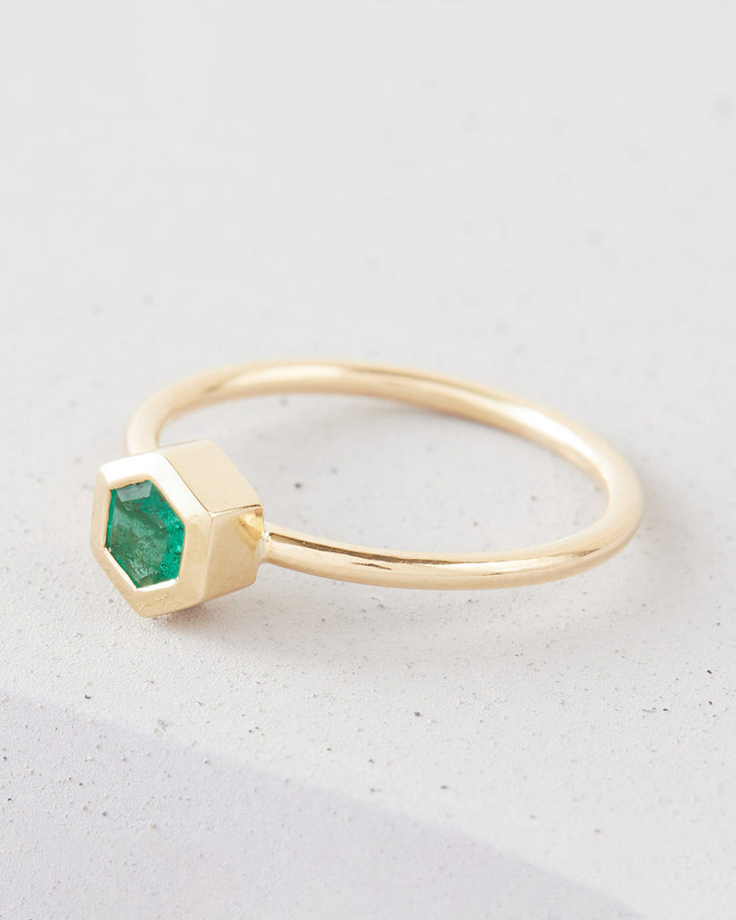 9ct Solid Gold Heirloom Hexagon Emerald Ring handmade in London by Maya Magal modern jewellery brand