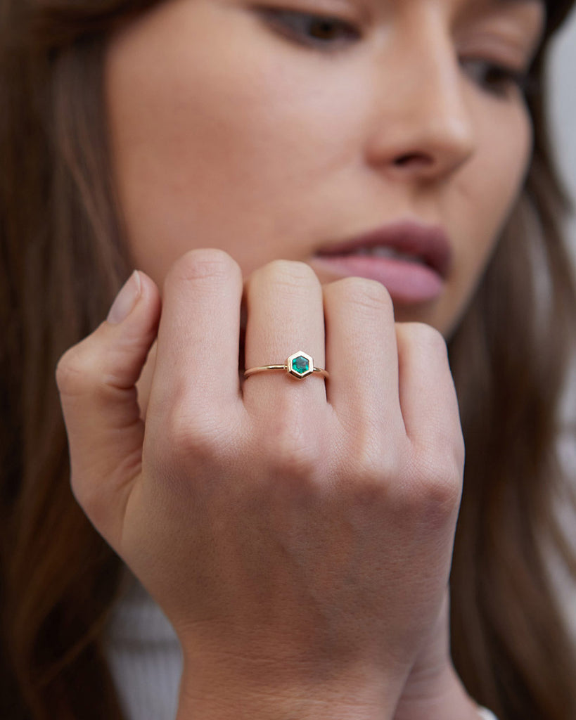 9ct Solid Gold Heirloom Hexagon Emerald Ring handmade in London by Maya Magal contemporary jewellery brand