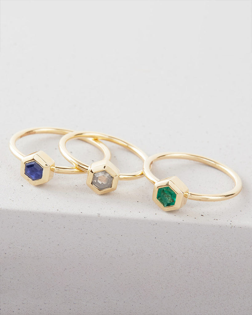 9ct Solid Gold Heirloom Hexagon Sapphire Ring handmade in London by Maya Magal luxury jewellery brand