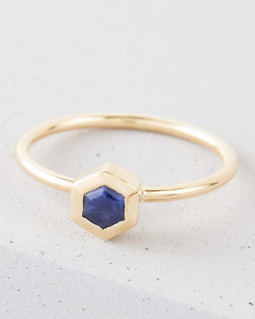 9ct Solid Gold Heirloom Hexagon Sapphire Ring handmade in London by Maya Magal sustainable jewellery brand