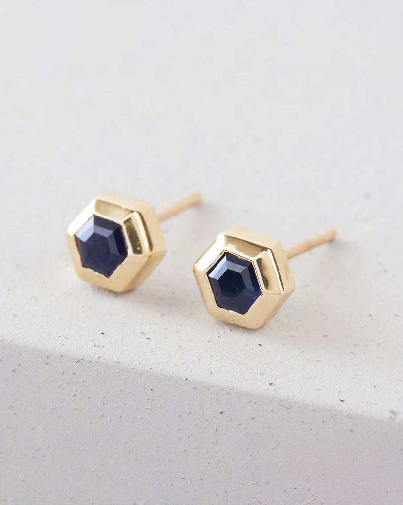 9ct Solid Gold Heirloom Hexagon Sapphire Stud Earrings handmade in London by Maya Magal sustainable jewellery brand