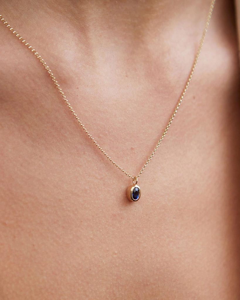 9ct Solid Gold Heirloom Oval Sapphire Necklace handmade in London by Maya Magal sustainable jewellery brand