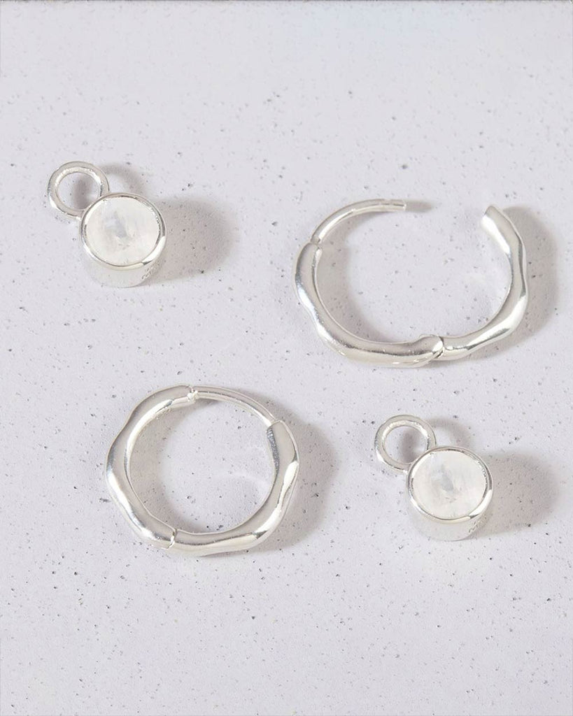 925 Recycled Sterling Silver Moonstone Huggie Hoop Earrings handmade in London by Maya Magal sustainable jewellery brand