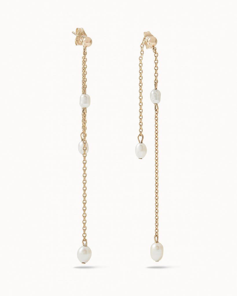9ct Solid Gold Double Drop Pearl Earrings handmade in London by Maya Magal sustainable jewellery brand