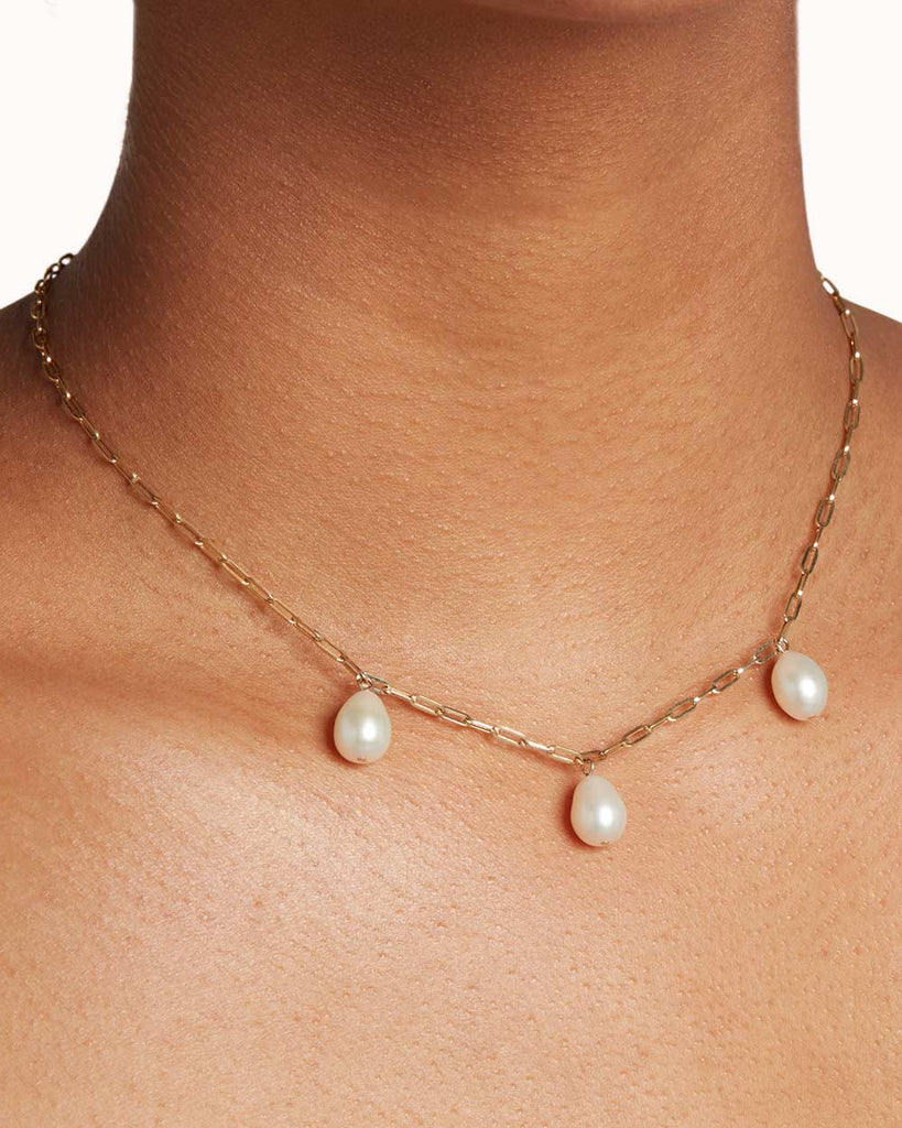 9ct Solid Gold Triple Pearl Chain Necklace handmade in London by Maya Magal elegant jewellery brand