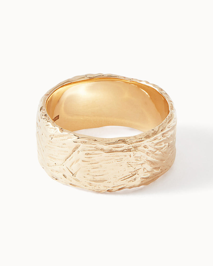 9ct Solid Gold Etched Wide Band Ring handmade in London by Maya Magal sustainable jewellery brand