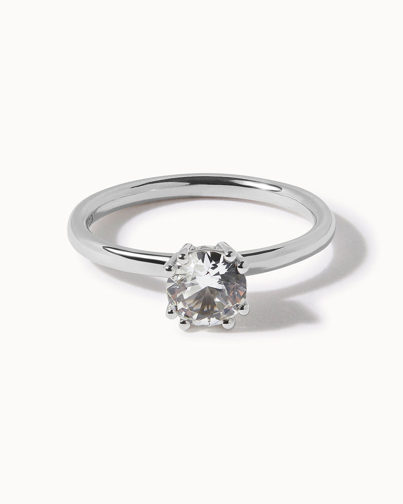 9ct Solid White Gold Sapphire Solitaire Ring handmade in London by Maya Magal sustainable jewellery brand