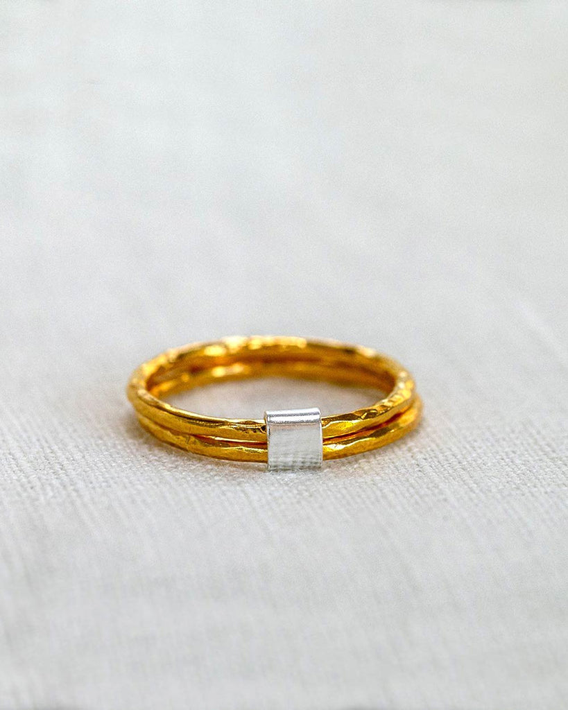 18ct Gold Plated and 925 Recycled Sterling Silver Double Band Beaten Stacking Ring handmade in London by Maya Magal sustainable jewellery brand