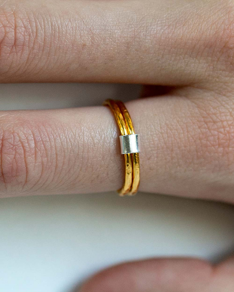 18ct Gold Plated and 925 Recycled Sterling Silver Double Band Beaten Stacking Ring handmade in London by Maya Magal luxury jewellery brand