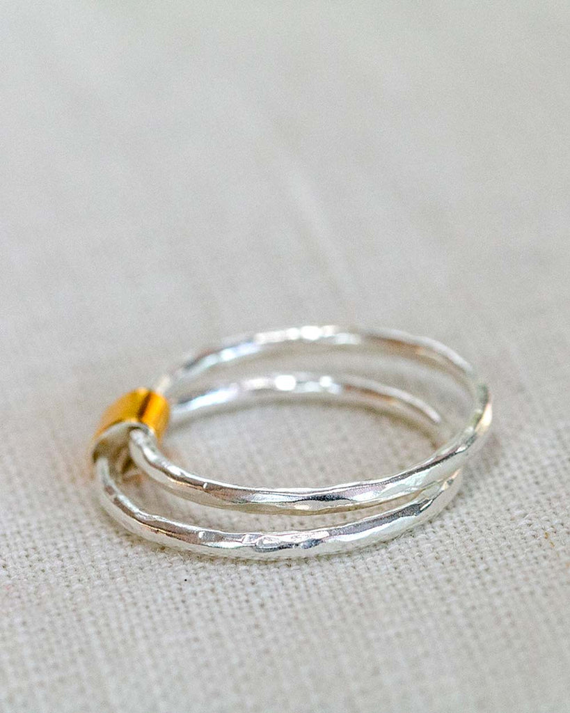 925 Recycled Sterling Silver and 18ct Gold Plated Double Band Beaten Stacking Ring handmade in London by Maya Magal contemporary jewellery brand