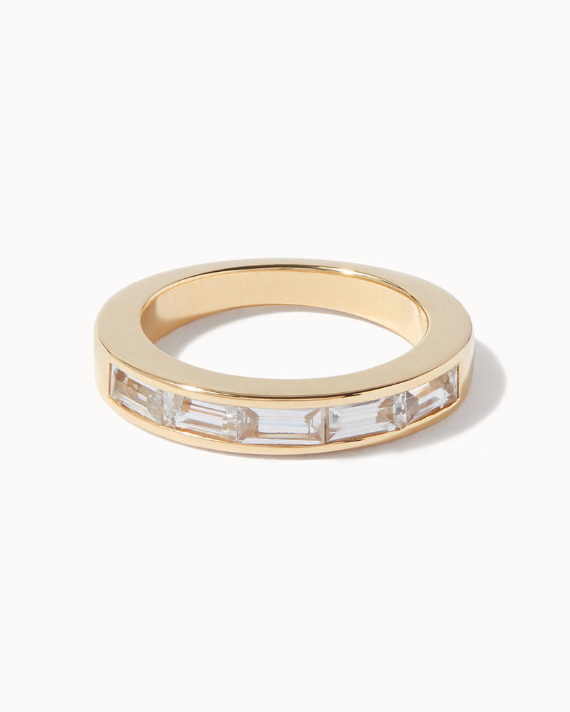 9ct Solid Gold White Sapphire Half Eternity Ring handmade in London by Maya Magal sustainable jewellery brand