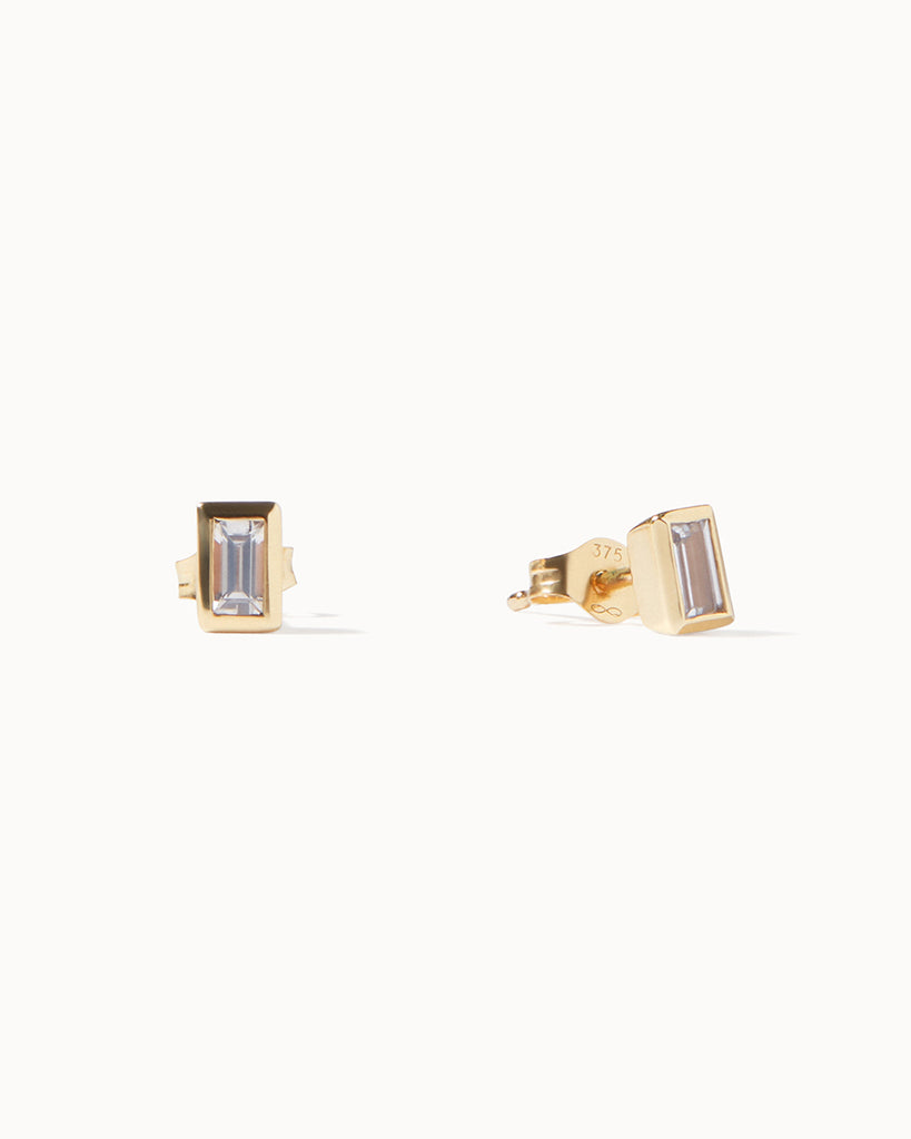 9ct Solid Gold White Sapphire Studs handmade in London by Maya Magal sustainable jewellery brand